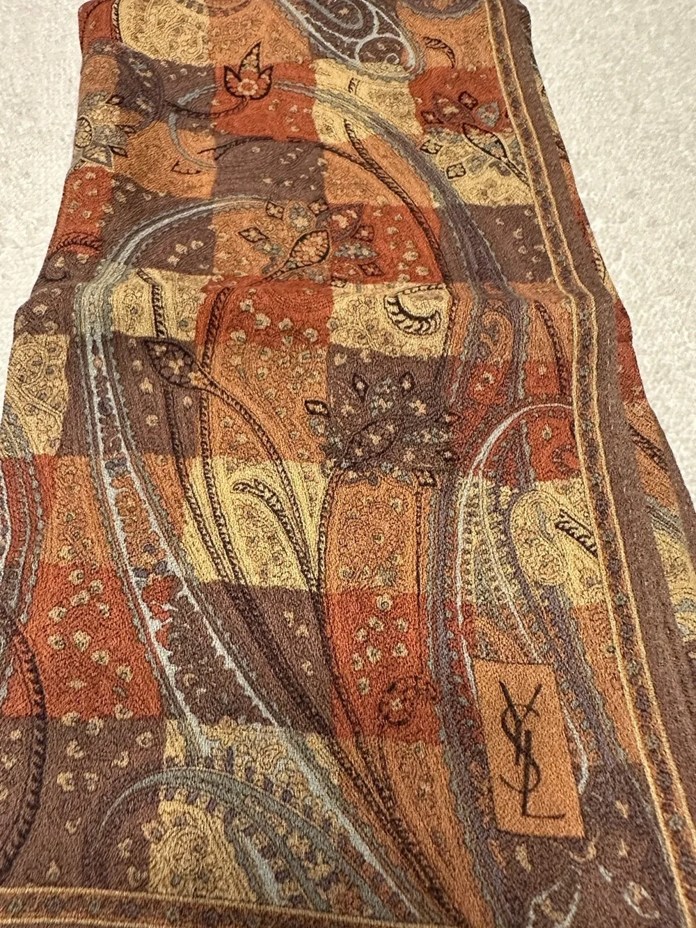 YSL Yves Saint Laurent Patchwork Paisley Square Scarf 21.5” EUC